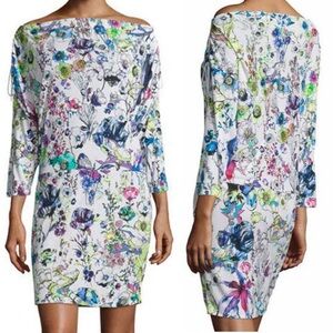 Authentic Roberto Cavalli White ‘Robot Astro Floral Garden’ Jersey Dress